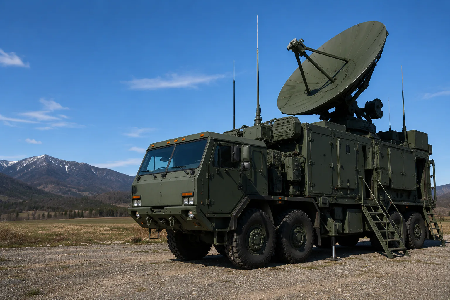 Military tactical communications vehicle deployed in field — assured PNT for GPS-denied operations