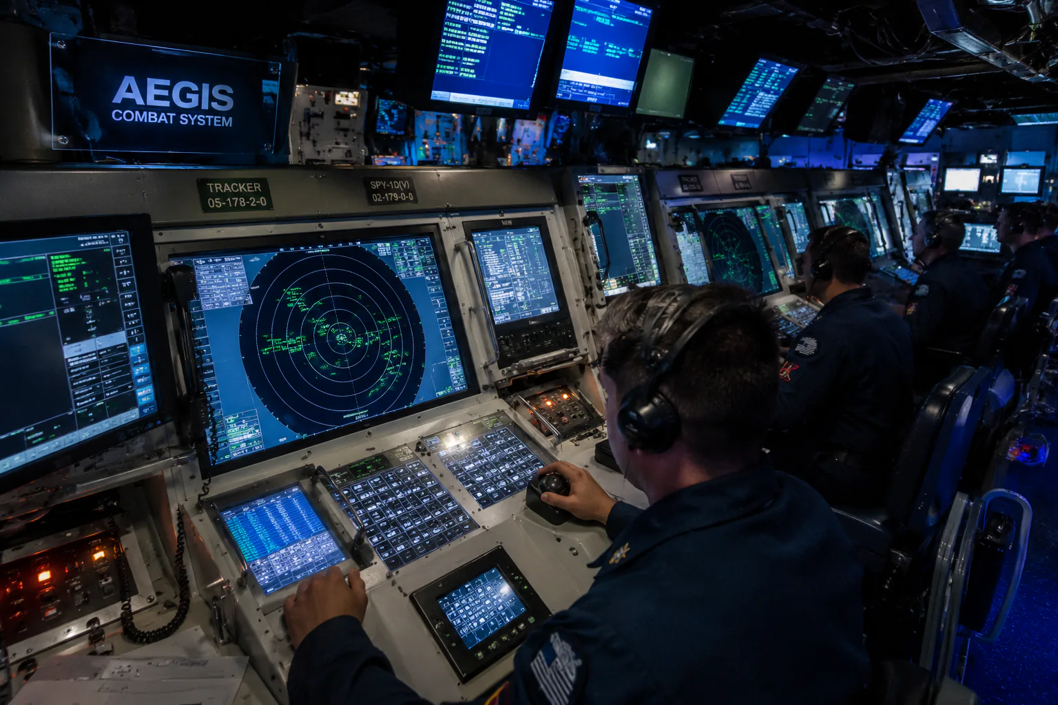 Aegis Combat System operators monitoring synchronized defense network — precision timing for coordinated naval operations