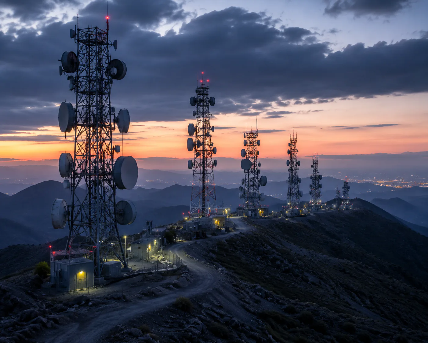Microwave transmission towers on mountaintop at dusk — IEEE 1588 PTP synchronization for telecom and 5G infrastructure