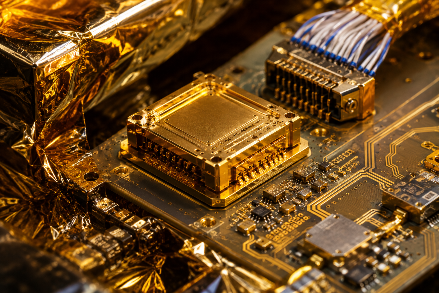 Gold-foil quantum photonics chip on circuit board — next-generation optical frequency standard technology