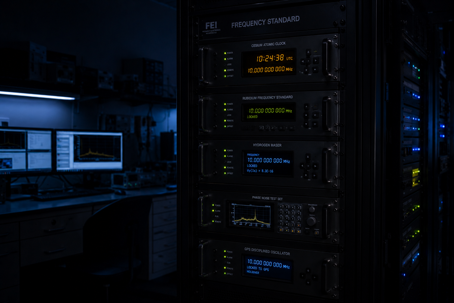 FEI atomic frequency standard electronics rack