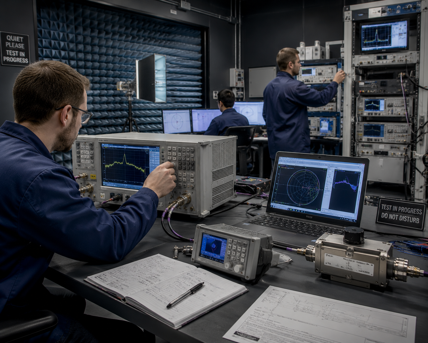 RF engineers characterising phase noise performance on FEI oscillator hardware