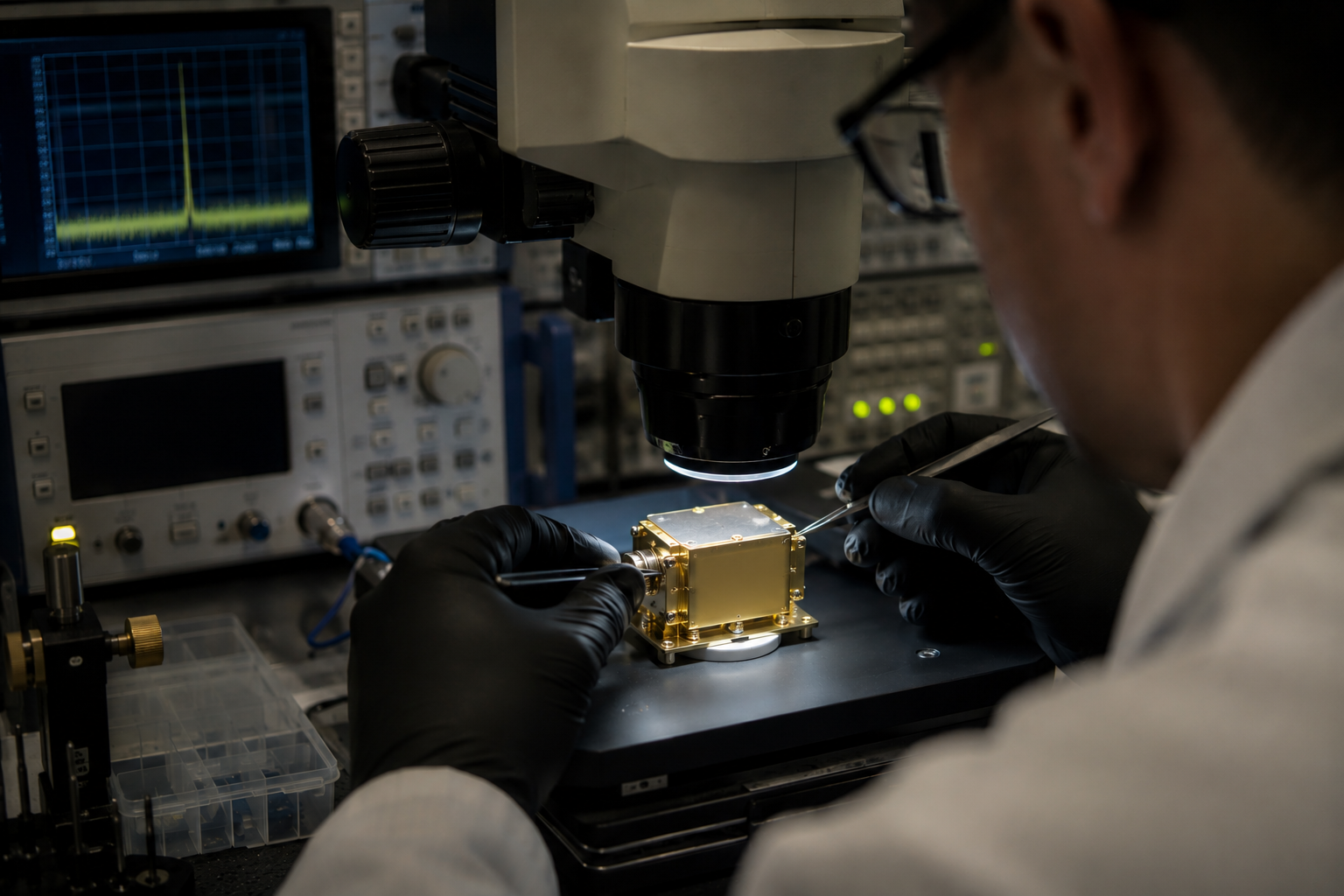 Precision oscillator component examined under microscope