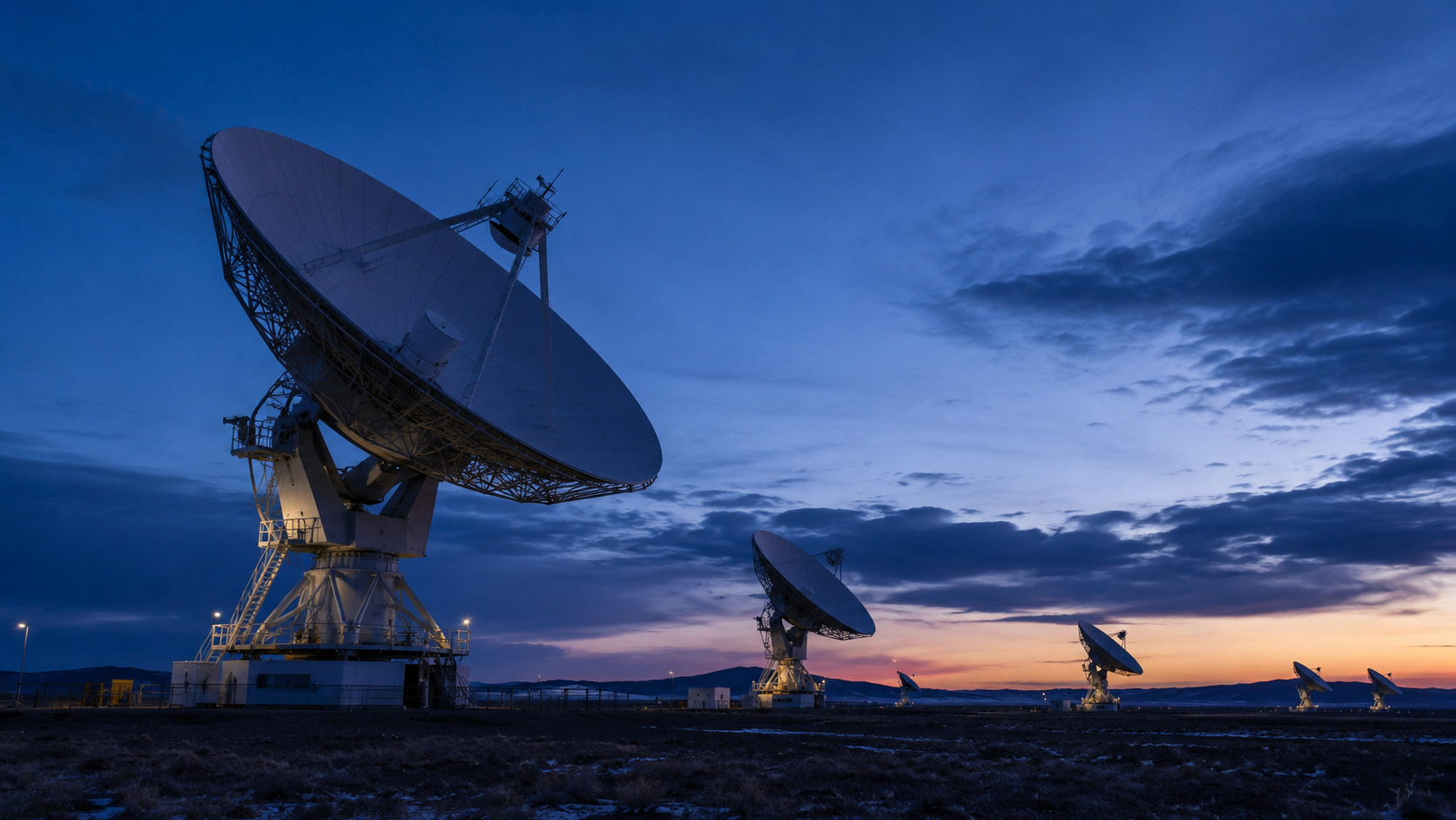 Large radio telescope array at dusk — distributed timing precision for large-scale installations
