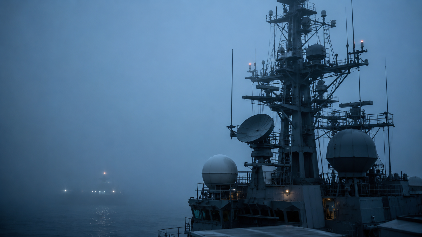 Naval vessel in dense fog at sea — GPS-denied maritime environment requiring precision holdover timing