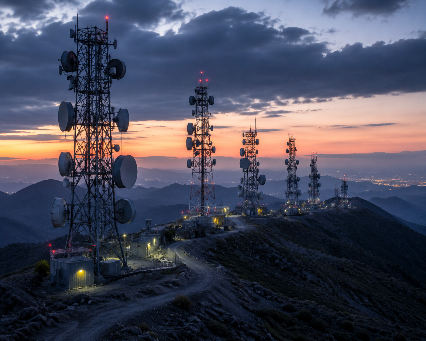 Microwave transmission towers on mountaintop at dusk — IEEE 1588 PTP synchronization for telecom and 5G infrastructure